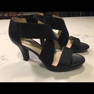 Black, strappy heels with comfort in mind